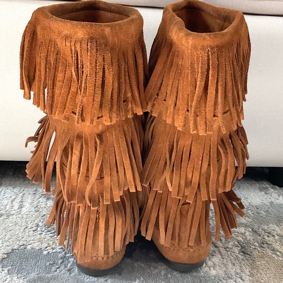 Brown Suede Western Boho Moccasin 3-Layer Fringe Boots Sz 9 - Picture 8 of 16